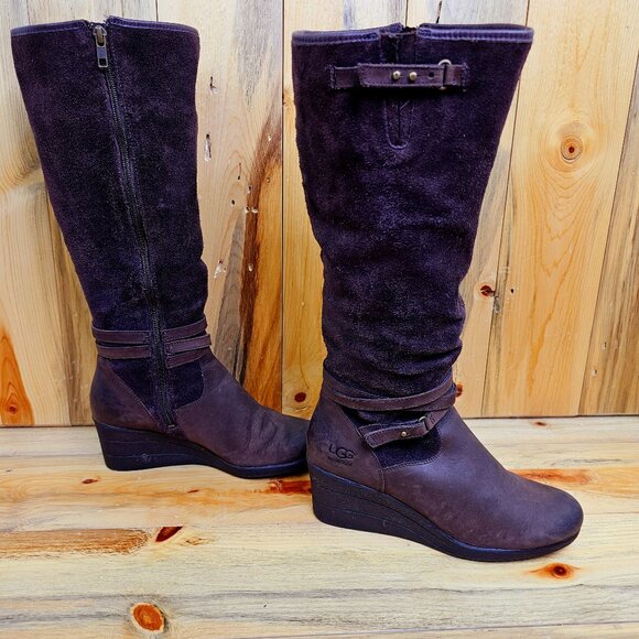 UGG “LESLEY” BROWN WATERPROOF LEATHER & SUEDE TALL KNEE-HIGH WEDGE BOOTS - Picture 1 of 8